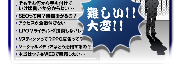 WEBでのお悩み一覧2 難しい、大変!そもそも何から手を付けていけば良いか分からない・・・、SEOって何?時間掛かるの?、アクセスが全然伸びない・・・、LPO?ライティング技術もないし・・・、リスティングって?PPC広告って?、ソーシャルメディアはどう活用するの?、本当はウチもWEBで販売したい・・・。